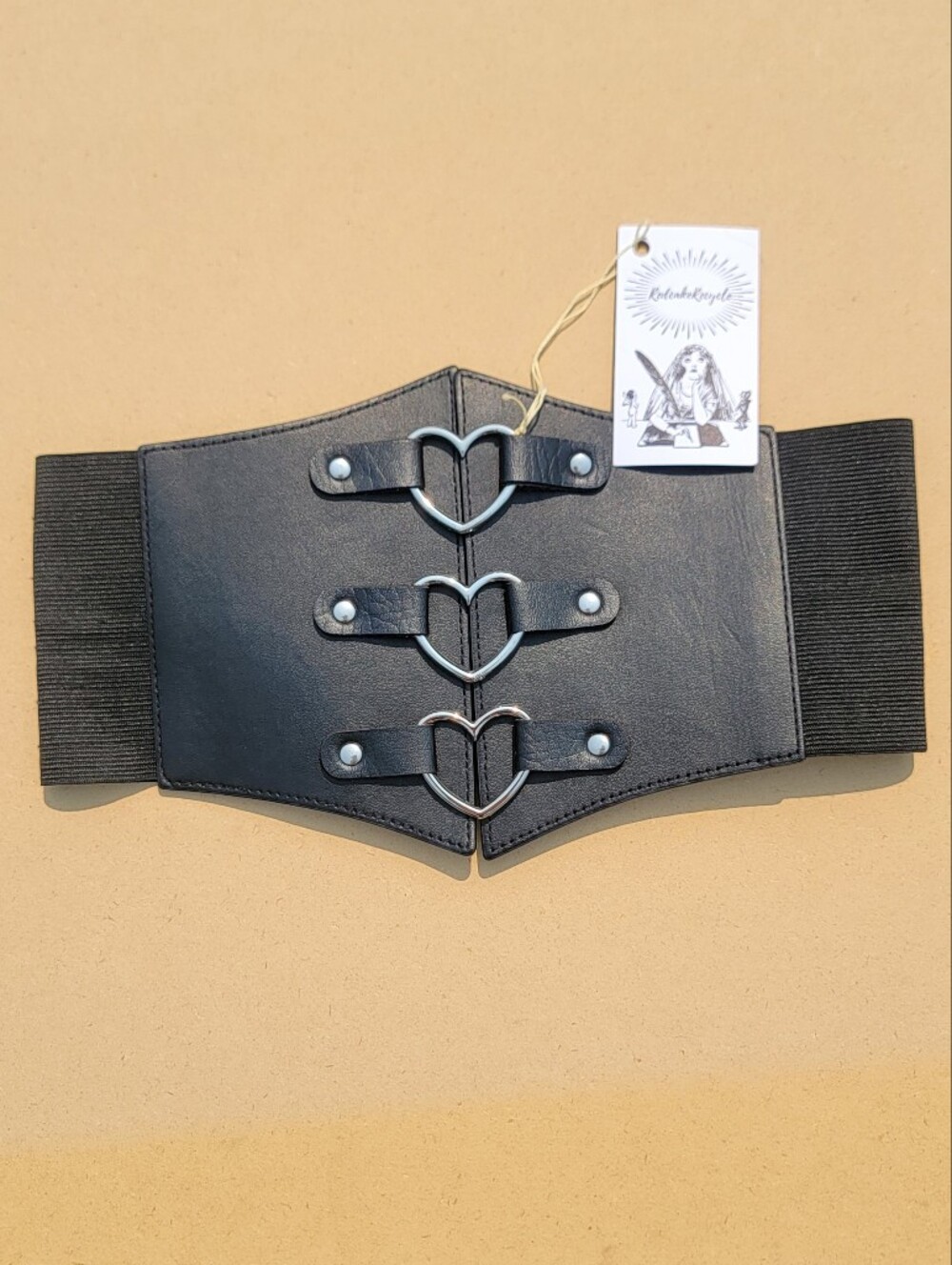 Black Elastic Hip Cinch Belt with Heart Ring Accents